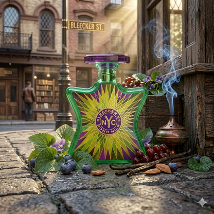 Frasco de Bleecker Street de Bond No. 9 sobre una bandeja de cobre en un tocador de mármol, rodeado de arándanos frescos, hojas de violeta y caramelo, fotorrealismo 1:1 para Casa Flores.