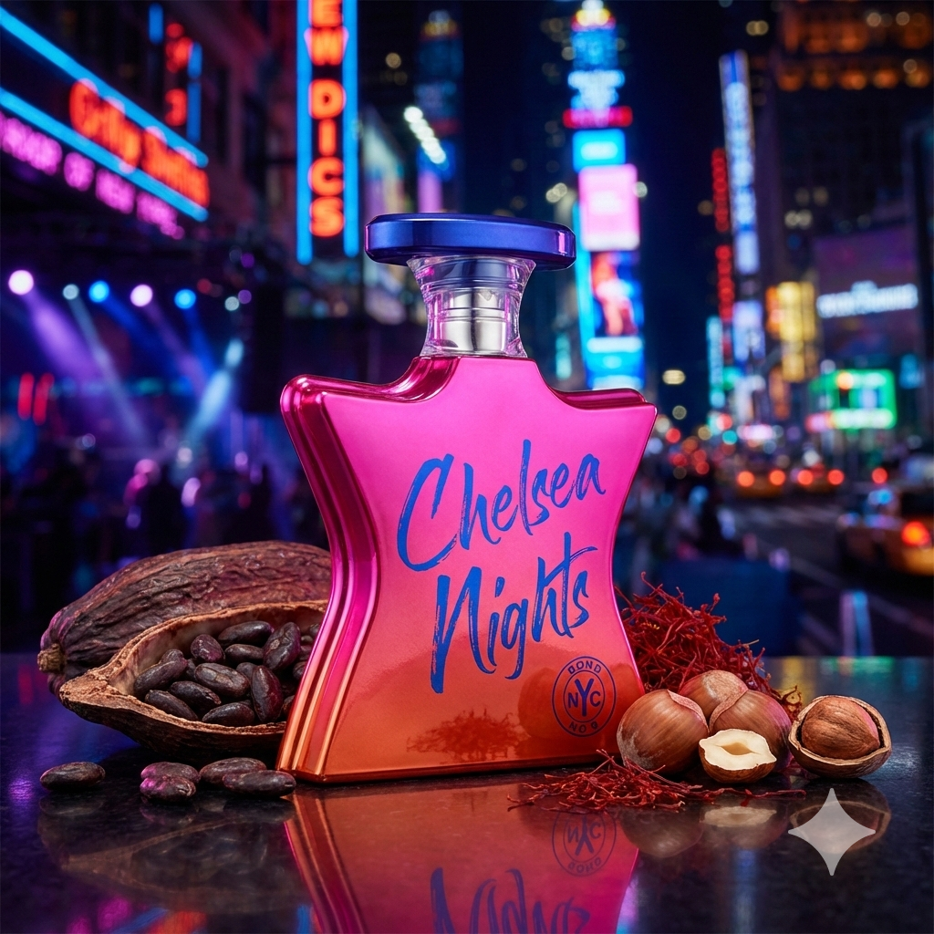 Frasco neón en forma de estrella del perfume Bond No. 9 Chelsea Nights rodeado de cacao, avellanas, azafrán y toques de cuero en un ambiente nocturno.