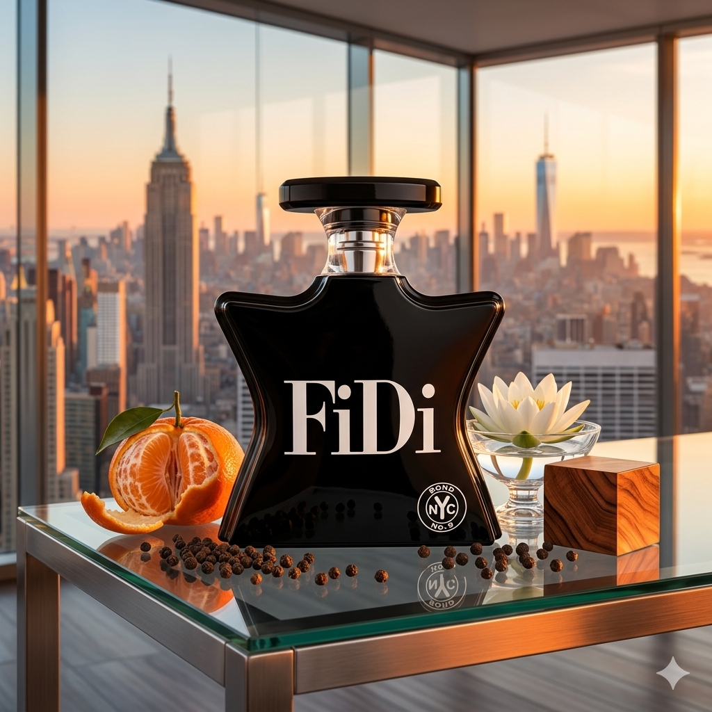 Frasco negro de Bond No. 9 FiDi sobre escritorio de cristal con pimienta negra, mandarina y madera de cedro, estilo Casa Flores.