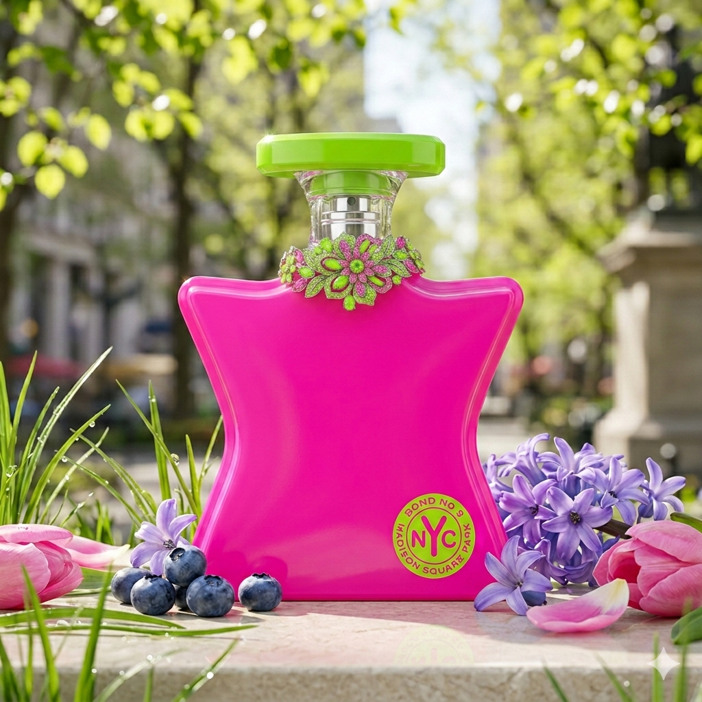 Frasco de Madison Square Park de Bond No. 9, estrella rosa neón, en un jardín soleado rodeado de hierba fresca, arándanos y tulipanes. Fotorrealismo para colección de Casa Flores.