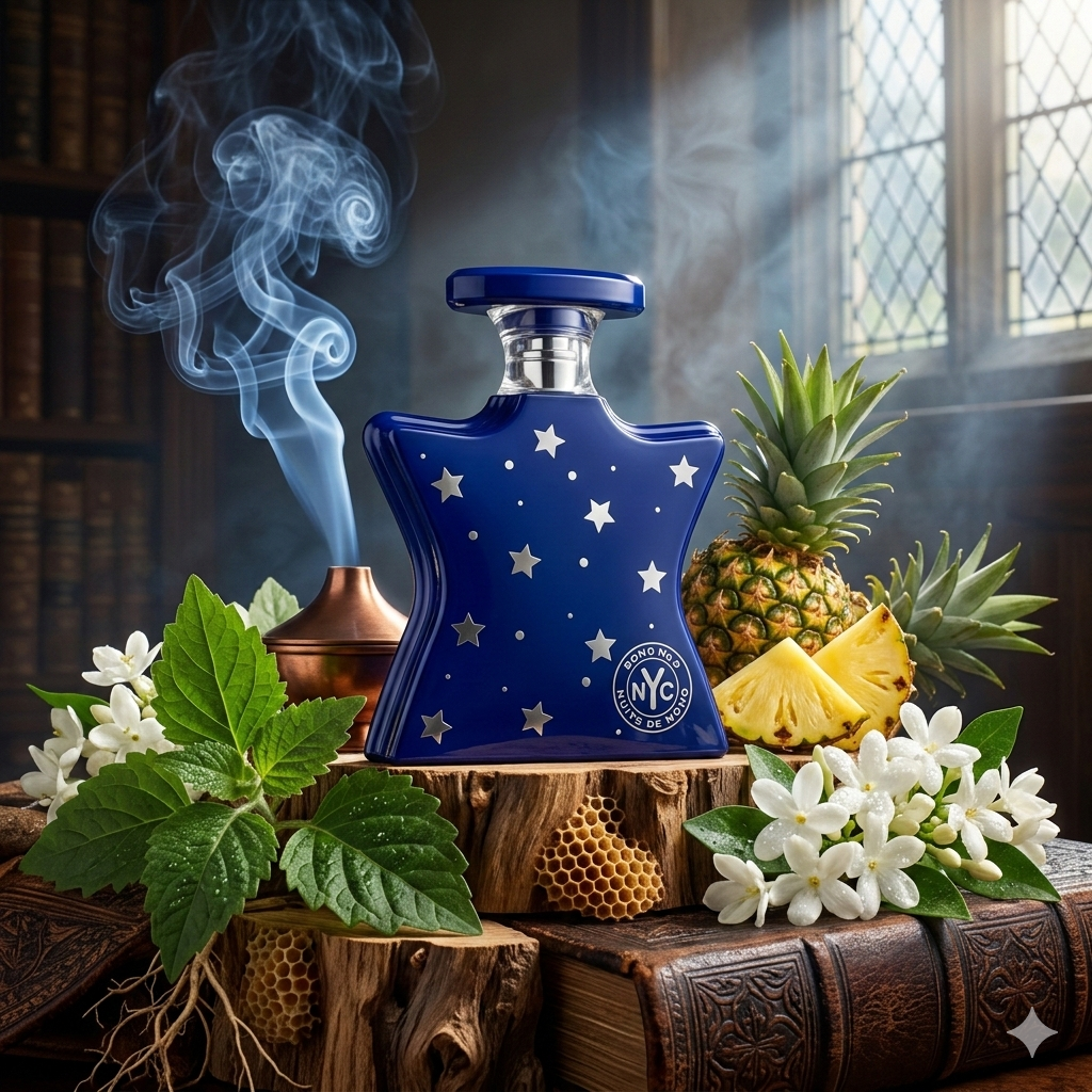 Frasco de Nuits de Noho de Bond No. 9 sobre un pedestal de cristal zafiro, rodeado de piñas frescas, flores de jazmín y ramas de pachulí, fotorrealismo de lujo para Casa Flores.