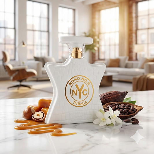 Frasco blanco en forma de estrella del perfume Bond No. 9 TriBeCa rodeado de caramelo fundido, avellanas verdes, cacao y jazmín.