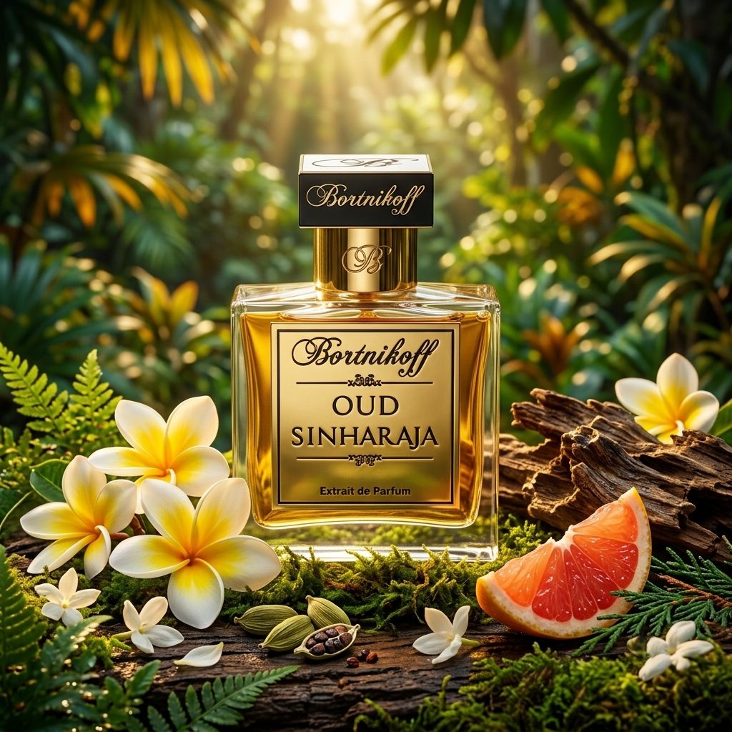 Frasco cuadrado con placa dorada de Bortnikoff Oud Sinharaja sobre madera de la selva con frangipani, toronja y madera de oud, estilo Casa Flores.