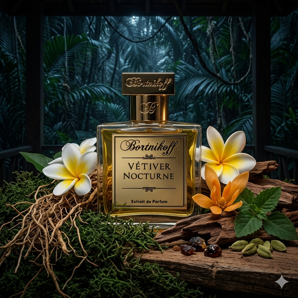 Frasco artesanal de Bortnikoff Vetiver Nocturne sobre madera con vetiver, flores de frangipani y champaca, musgo, mirra y cardamomo, estilo Casa Flores.