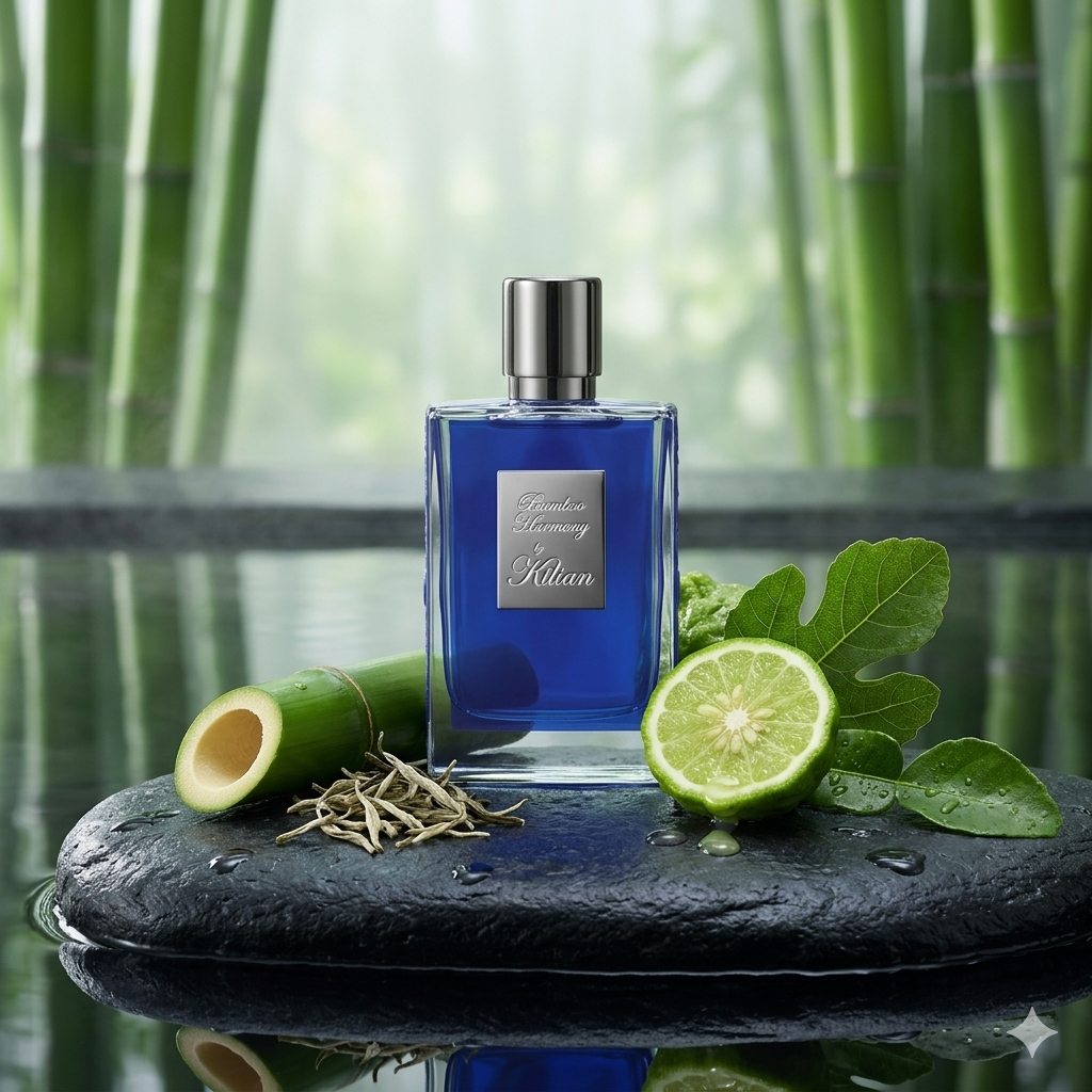 Frasco azul de By Kilian Bamboo Harmony en un jardín zen japonés con té blanco, bambú y bergamota, estilo Casa Flores.