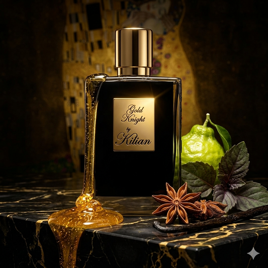 Frasco negro y dorado de By Kilian Gold Knight sobre mármol negro con miel dorada, anís estrellado y pachulí, estilo Casa Flores.