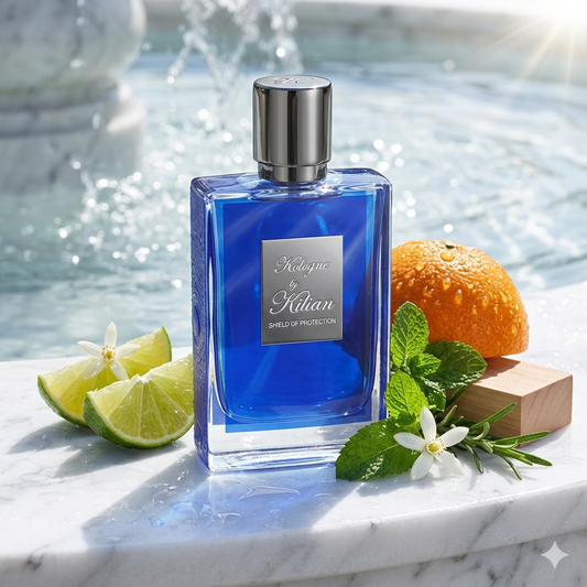 Frasco azul Klein de By Kilian Kologne sobre mármol blanco bañado por agua con mandarina verde, menta fresca y neroli, estilo Casa Flores.