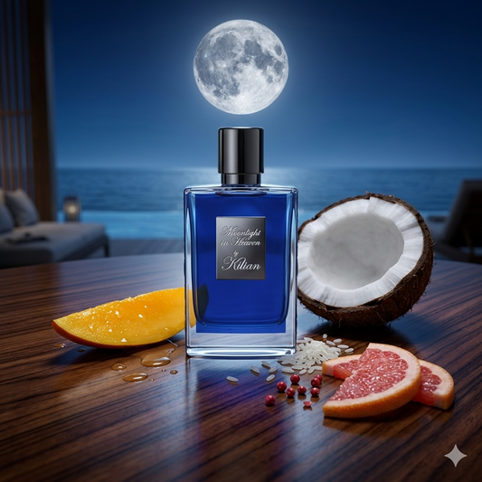 Frasco azul noche de By Kilian Moonlight in Heaven bajo la luz de la luna con mango maduro, coco y arroz, estilo Casa Flores.