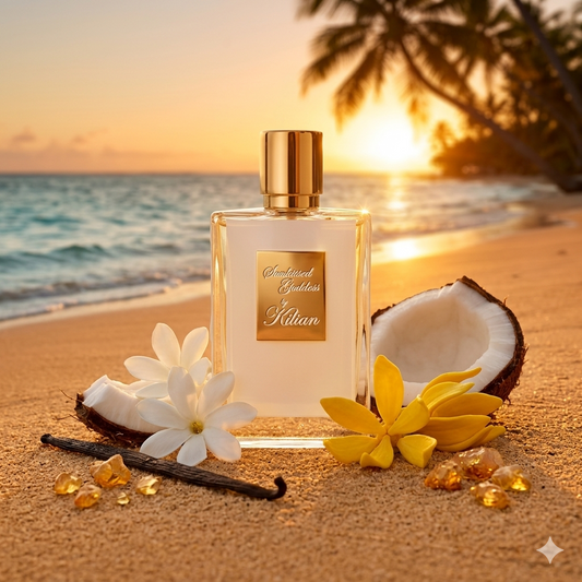 Frasco blanco y dorado de By Kilian Sunkissed Goddess sobre arena dorada polinesia con flor de tiaré, coco y vainilla, estilo Casa Flores.