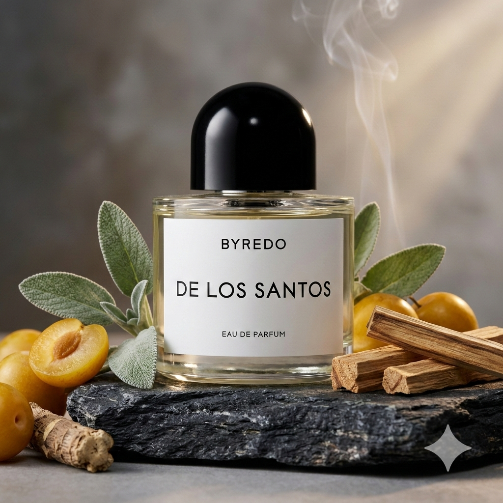 Minimalista frasco de Byredo De Los Santos rodeado de hojas de salvia, madera de palo santo y ciruelas bajo una iluminación suave y espiritual.