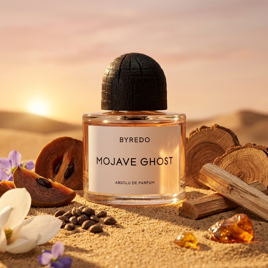 Frasco transparente de Byredo Mojave Ghost Absolu con tapón de madera negra sobre arena con chicozapote, sándalo y magnolia, estilo Casa Flores.