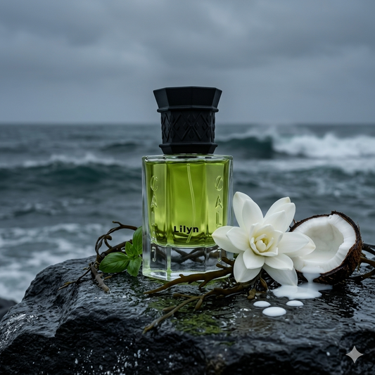 Frasco pintado a mano de Calaj Lilyn sobre rocas oceánicas frías con nardo, coco, leche y algas marinas, estilo Casa Flores.