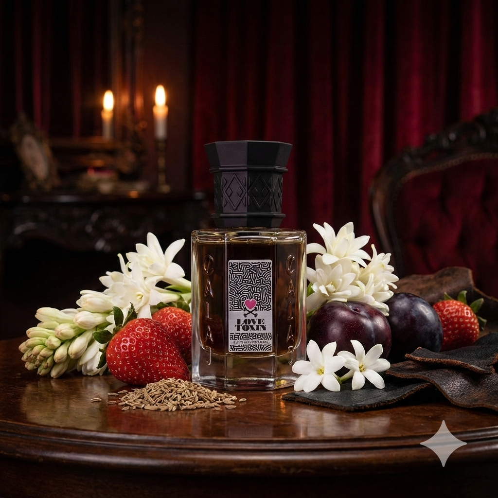 Frasco transparente del perfume Calaj Love Toxin rodeado de fresas, ciruelas, flores blancas narcóticas y cuero oscuro.