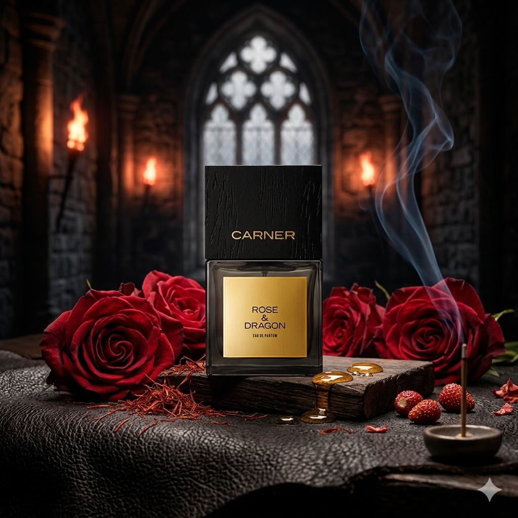 Frasco negro de Carner Barcelona Rose & Dragon sobre cuero oscuro con rosas rojas, miel, azafrán y fresas salvajes, estilo Casa Flores.