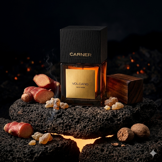 Frasco negro y madera de Carner Barcelona Volcano sobre piedra volcánica con jengibre, incienso y oud, estilo Casa Flores.