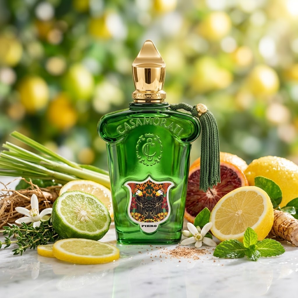Frasco verde esmeralda de Casamorati Fiero con borla sobre mármol con limón de Amalfi, menta y vetiver, estilo Casa Flores