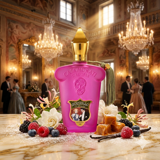 Ornata botella rosa de Casamorati Gran Ballo sobre una mesa de mármol crema con veteado dorado, rodeada de bayas silvestres frescas, flores de madreselva y gardenia, trozos de caramelo derretido y vainas de vainilla, con el fondo de un salón de baile de época italiano.