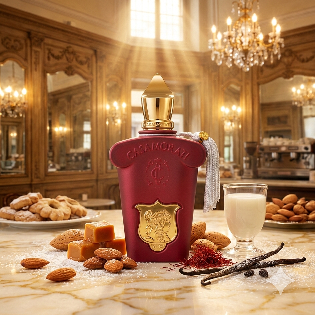 Ornata botella de Casamorati Italica sobre una mesa de mármol, rodeada de almendras tostadas, trozos de toffee, hebras de azafrán, una vaina de vainilla y un vaso de leche, con el fondo de una tradicional pastelería italiana histórica.
