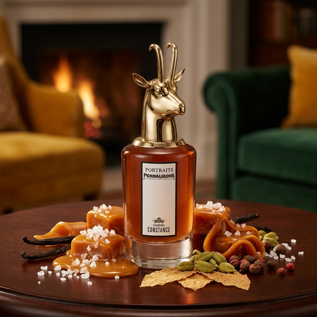 Frasco de Penhaligon's Changing Constance con tapón de antílope dorado y etiqueta con borde negro sobre madera con caramelo salado, vainilla y cardamomo, estilo Casa Flores .