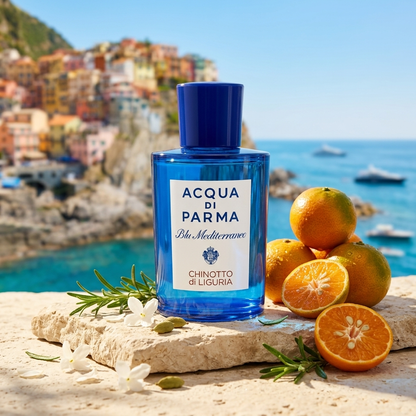 Frasco azul de Acqua di Parma Chinotto di Liguria sobre roca costera con chinotto, mandarina y romero, estilo Casa Flores.