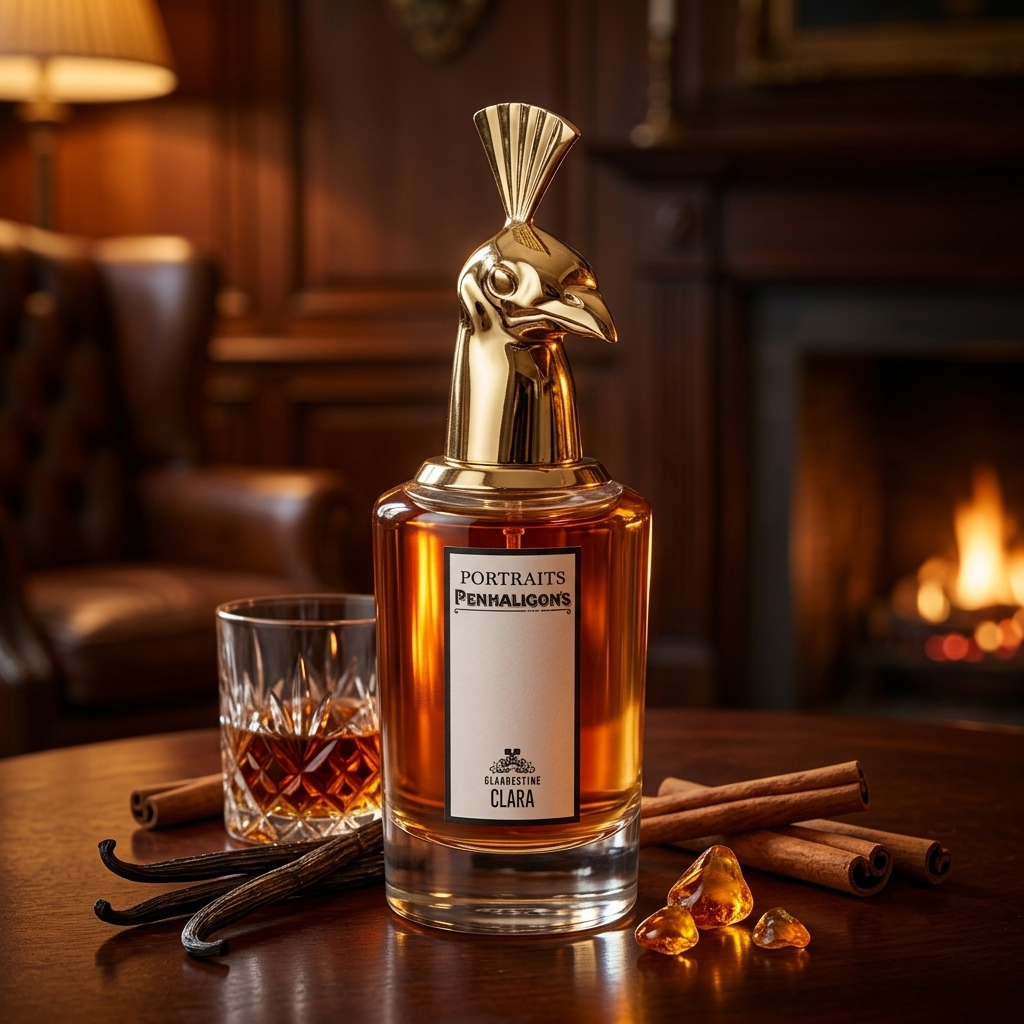 Frasco de Penhaligon's Clandestine Clara con tapón de pavo real dorado sobre madera de caoba con ron, vainilla, canela y ámbar, estilo Casa Flores.