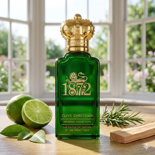 Frasco verde esmeralda de Clive Christian 1872 Masculine con corona dorada, sobre una mesa de roble claro, rodeado de limas, romero fresco y madera de cedro. Fotorrealismo cotidiano para Casa Flores, sin marco.