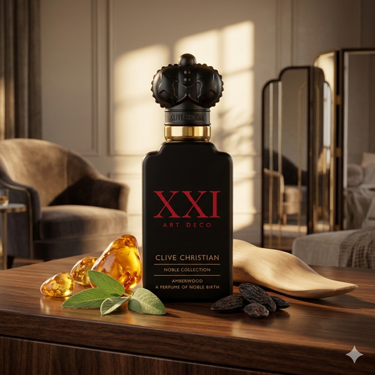 Frasco de Clive Christian Amberwood con corona dorada sobre una consola de madera de nogal pulida, rodeado de resina de ámbar translúcida, salvia y haba tonka en un salón de lujo. Fotorrealismo comercial para Casa Flores, sin marco.