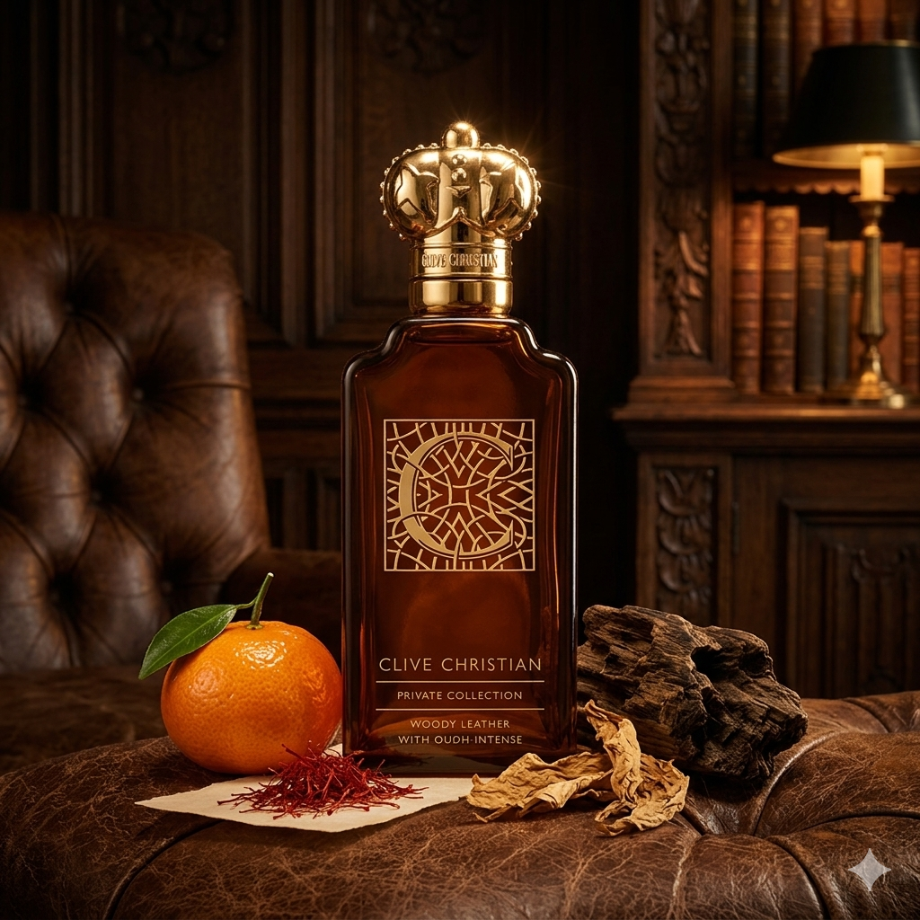 Frasco de Clive Christian C Woody Leather sobre cuero marrón con mandarina y tabaco rubio, estilo Casa Flores.