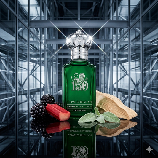 Frasco plateado de Clive Christian Contemporary 150th Anniversary sobre cristal, estilo Casa Flores.