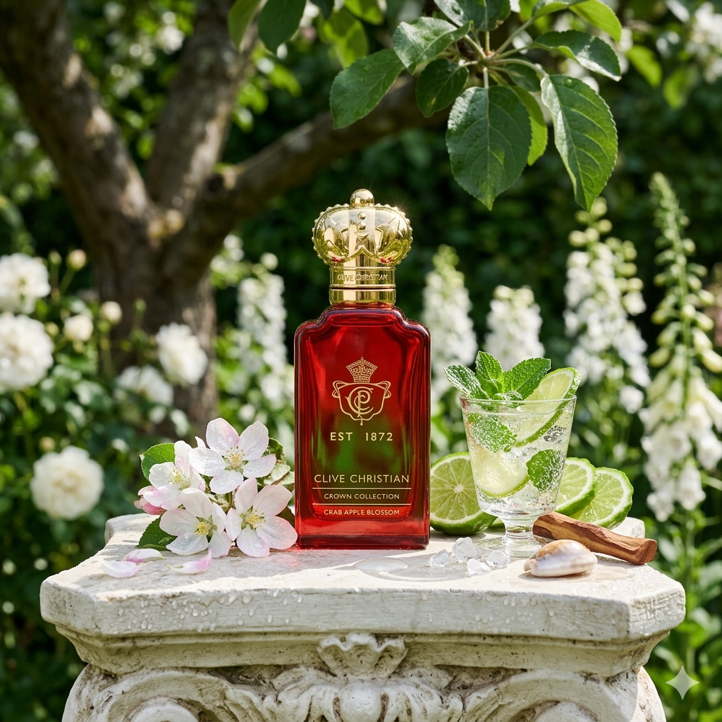 Frasco de Clive Christian Crab Apple Blossom rodeado de flores de manzano y nenúfares, estilo Casa Flores.