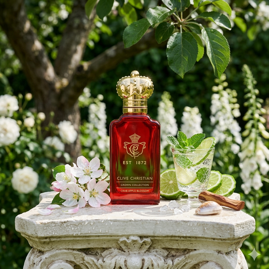 Frasco de Clive Christian Crab Apple Blossom rodeado de flores de manzano y nenúfares, estilo Casa Flores.