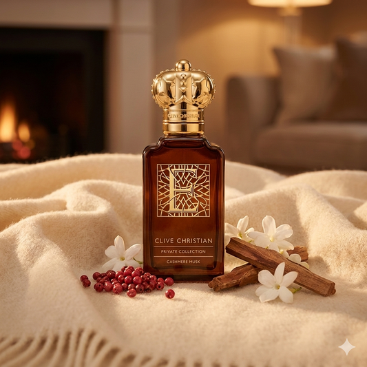 Frasco de Clive Christian E Cashmere Musk sobre una tela de cashmere suave con sándalo y flores blancas, estilo Casa Flores.