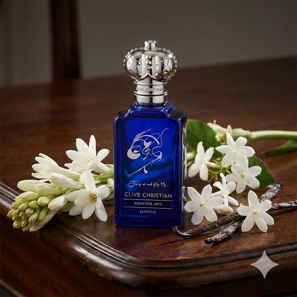 Frasco azul cobalto de perfume Clive Christian Jump Up and Kiss Me Ecstatic con tapón de corona dorada.