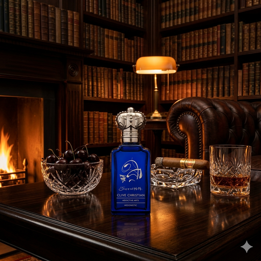 Frasco de Clive Christian Hedonistic junto a cerezas negras, hojas de tabaco y cuero, estilo Casa Flores.