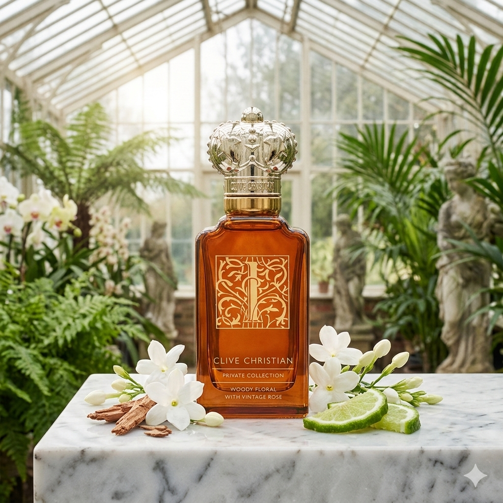 Frasco de Clive Christian I Woody Floral junto a flores blancas y madera de cedro, estilo Casa Flores.