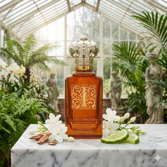 Frasco de Clive Christian I Woody Floral junto a flores blancas y madera de cedro, estilo Casa Flores.