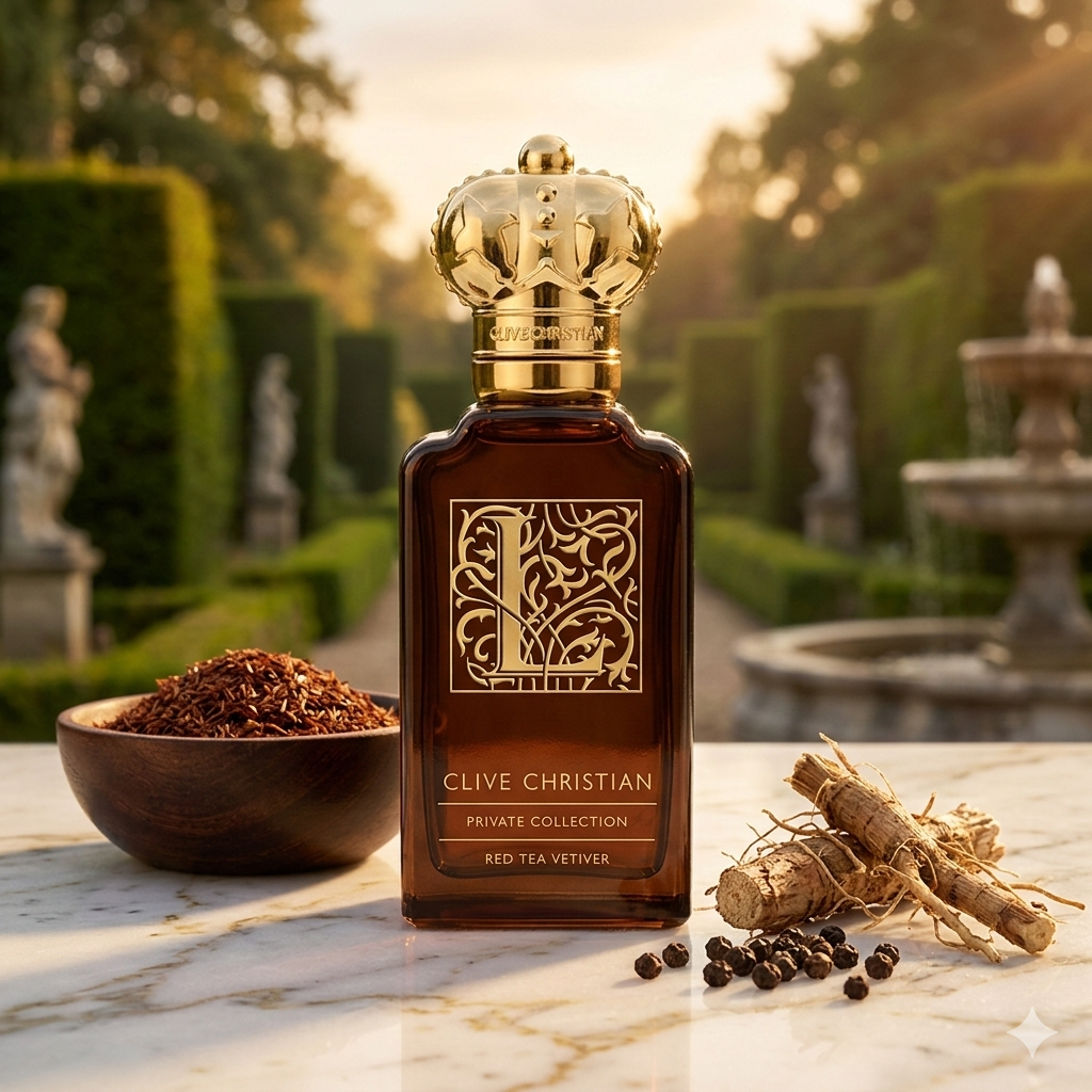 Frasco de Clive Christian L Red Tea Vetiver rodeado de hojas de té rojo y raíces de vetiver, estilo Casa Flores.