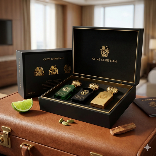 Estuche negro de lujo Masculine Traveller Set de Clive Christian abierto, mostrando sus tres frascos de 10ml (verde, negro, dorado) sobre un maletín de cuero de viaje, rodeado de notas de lima, cardamomo y sándalo. Fotorrealismo para Casa Flores.