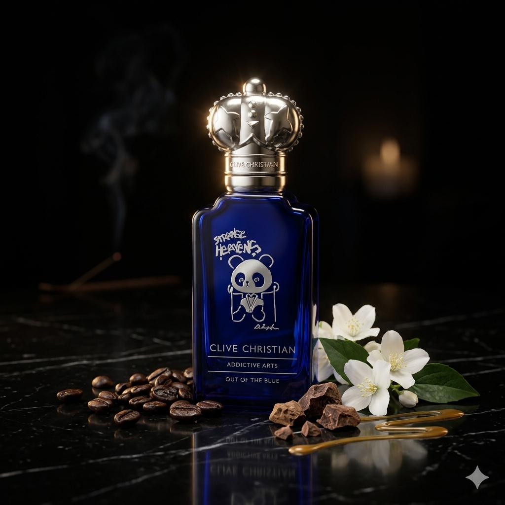 Frasco azul cobalto de Clive Christian Out Of The Blue rodeado de granos de café, cacao y jazmín, estilo Casa Flores.