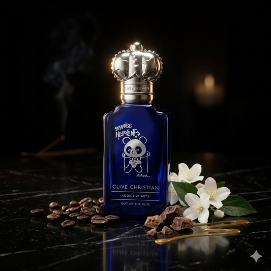 Frasco azul cobalto de Clive Christian Out Of The Blue rodeado de granos de café, cacao y jazmín, estilo Casa Flores.