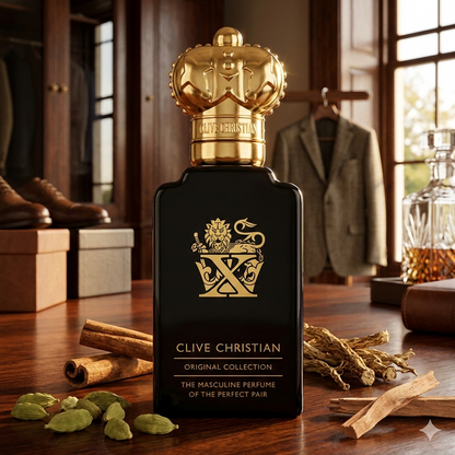 Frasco de Clive Christian X Masculine con corona dorada sobre un escritorio clásico de caoba, rodeado de cardamomo, canela y raíces de vetiver. Fotorrealismo cotidiano de lujo para Casa Flores.