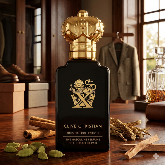 Frasco de Clive Christian X Masculine con corona dorada sobre un escritorio clásico de caoba, rodeado de cardamomo, canela y raíces de vetiver. Fotorrealismo cotidiano de lujo para Casa Flores.