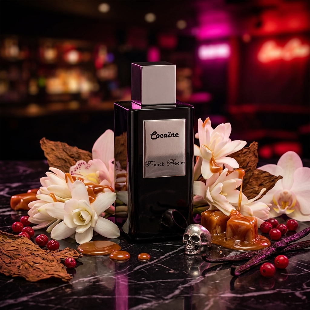 Frasco grueso de Franck Boclet Cocaïne sobre mármol oscuro con nardos carnosos, caramelo derretido y hojas de tabaco, estilo Casa Flores.