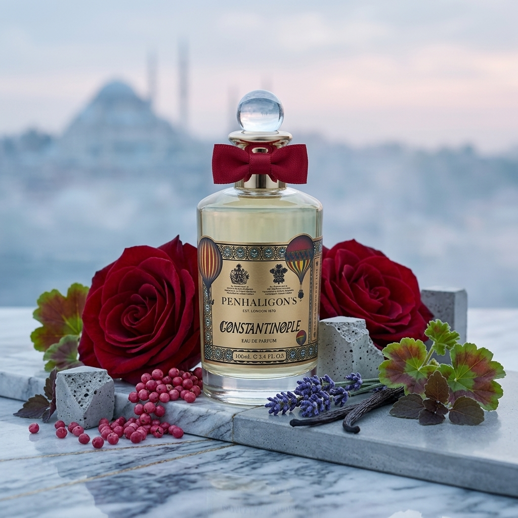 Frasco clásico de Penhaligon's Constantinople sobre mármol turco con texturas de concreto, lavanda, pimienta rosa y vainilla al amanecer en el Bósforo, estilo Casa Flores.