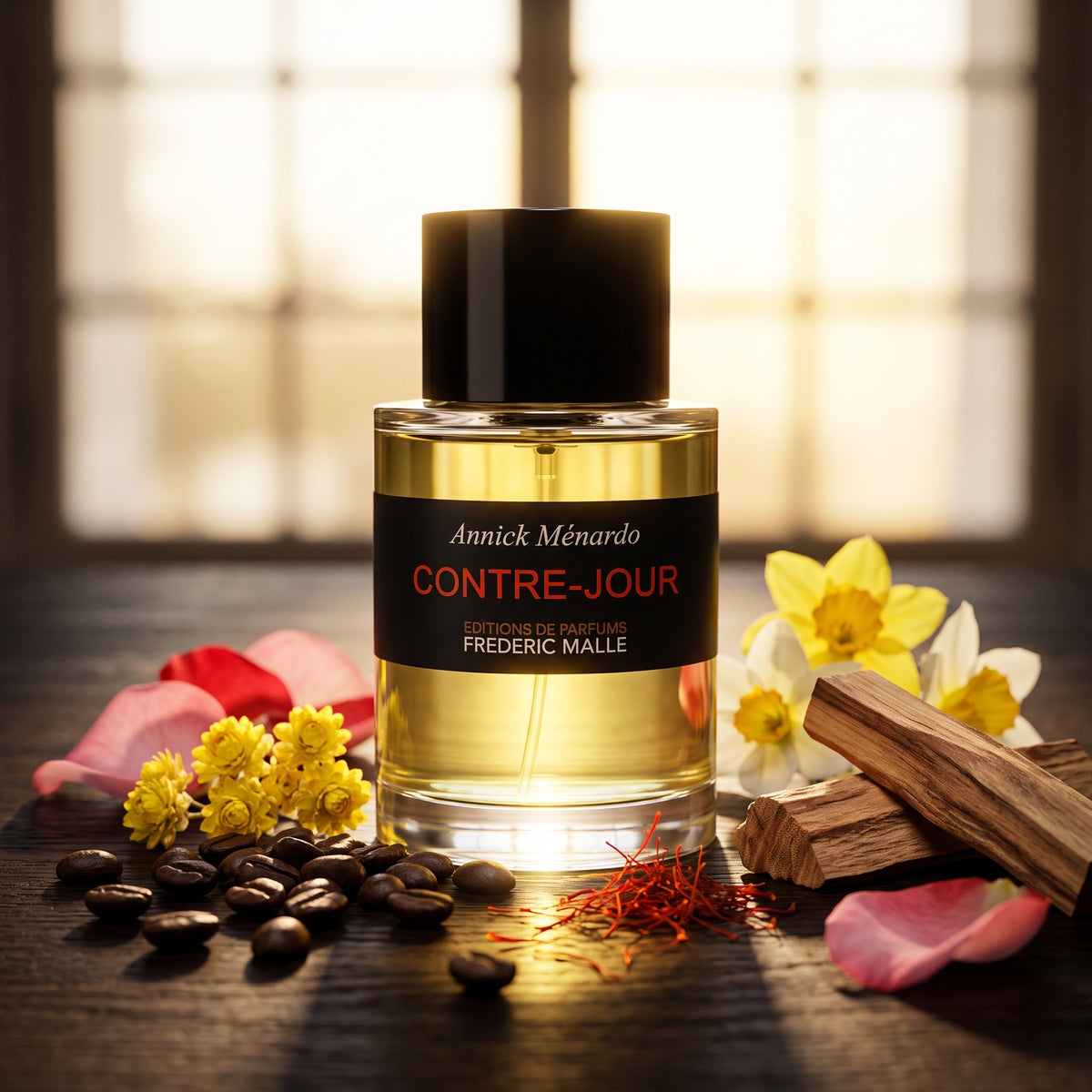 Frasco cilíndrico de Contre-Jour de Frederic Malle con líquido amarillo y etiqueta negra, rodeado de café, rosa y sándalo.