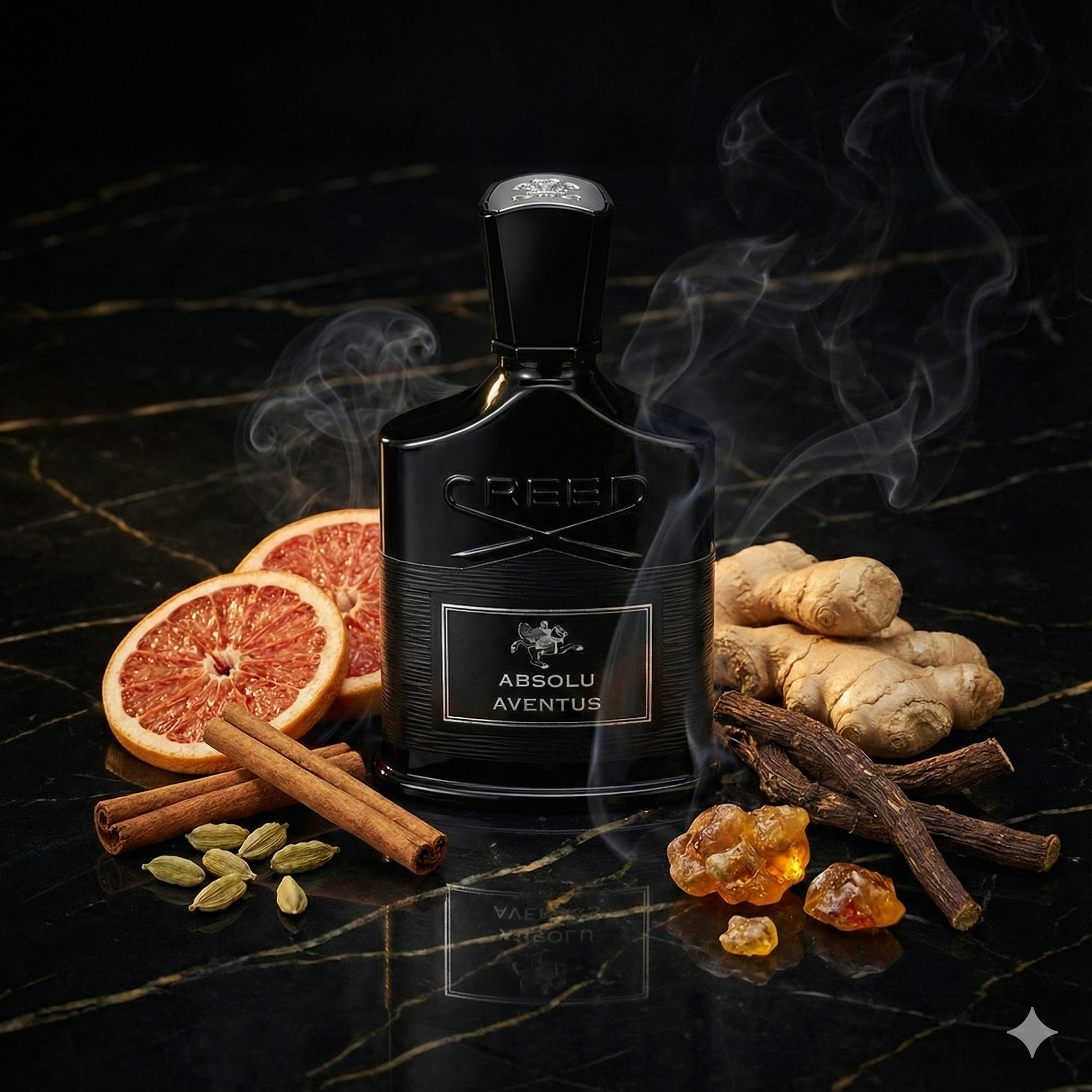 Frasco clásico de Creed Absolu Aventus con su emblema dorado, rodeado de rodajas de piña fresca, corteza de abedul ahumado y musgo sobre una superficie elegante.