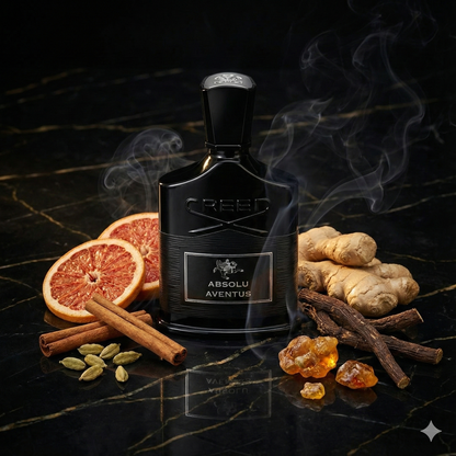 Frasco clásico de Creed Absolu Aventus con su emblema dorado, rodeado de rodajas de piña fresca, corteza de abedul ahumado y musgo sobre una superficie elegante.