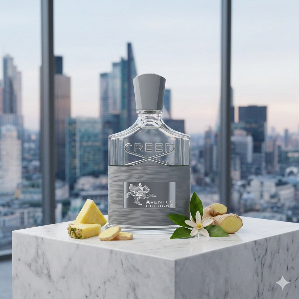 Frasco de Creed Aventus Cologne sobre una superficie de mármol blanco texturizada, en un espacio minimalista inundado de luz natural suave, con sutiles elementos de piña y jengibre.