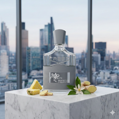 Frasco de Creed Aventus Cologne sobre una superficie de mármol blanco texturizada, en un espacio minimalista inundado de luz natural suave, con sutiles elementos de piña y jengibre.