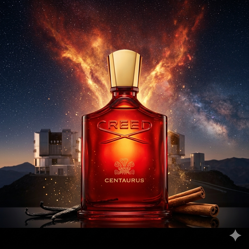 Frasco rojo de Creed Centaurus rodeado de chispas doradas y canela, estilo Casa Flores.